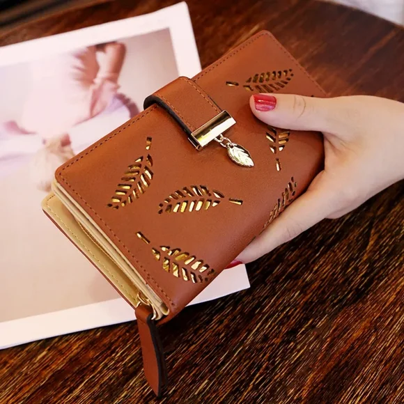 Spring & Summer Pu Leather Brown Leaf Cutout Women's Wallet - Picture 2 of 15